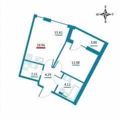 ЖК «Левитан», планировка 1-комнатной квартиры, 38.96 м²