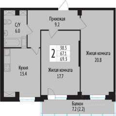 ЖК «Южная звезда», планировка 2-комнатной квартиры, 74.40 м²