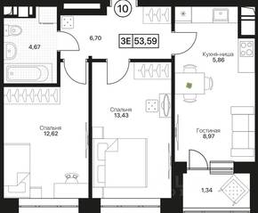ЖК «Пушкино Град», планировка 3-комнатной квартиры, 53.59 м²