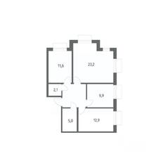 ЖК «Парусная 1», планировка 3-комнатной квартиры, 74.00 м²