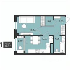МЖК «Новокасимово», планировка 1-комнатной квартиры, 36.47 м²