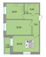 ЖК «Рождественский квартал», планировка 2-комнатной квартиры, 58.19 м²