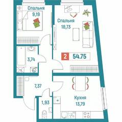 ЖК «Графика», планировка 2-комнатной квартиры, 54.75 м²