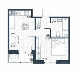 ЖК «Ново-Антропшино», планировка 1-комнатной квартиры, 34.60 м²