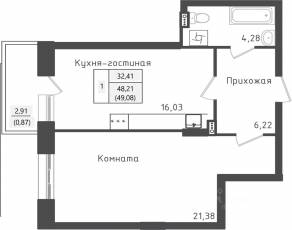 ЖК «Зеленый Оазис-Город», планировка 1-комнатной квартиры, 49.08 м²