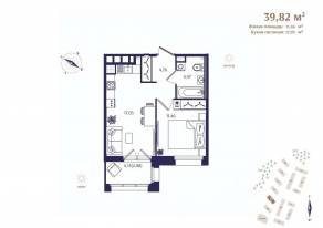 ЖК «Ranta Residence», планировка 1-комнатной квартиры, 39.82 м²