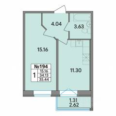 ЖК «Рождественский квартал», планировка 1-комнатной квартиры, 35.44 м²
