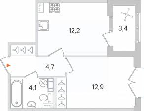 МЖК «Дубровский», планировка 1-комнатной квартиры, 35.60 м²