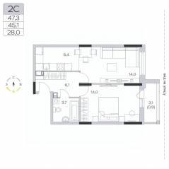 ЖК «Пироговская Ривьера», планировка 1-комнатной квартиры, 45.30 м²