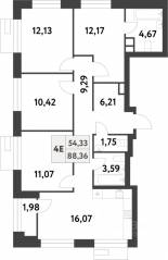 ЖК «Smart Garden», планировка 4-комнатной квартиры, 88.30 м²