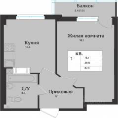 ЖК «Южная звезда», планировка 1-комнатной квартиры, 39.40 м²