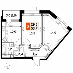 МФК «Датский квартал», планировка 2-комнатной квартиры, 55.00 м²