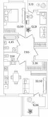 ЖК «Лайнеръ», планировка 2-комнатной квартиры, 69.60 м²
