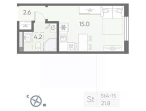 МЖК «Пулково Lake», планировка студии, 21.80 м²
