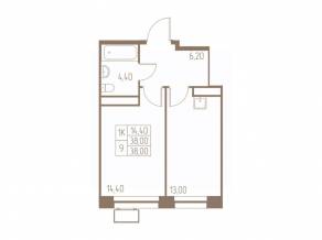 ЖК «Фабрикант», планировка 1-комнатной квартиры, 38.00 м²