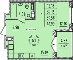 МЖК «Образцовый квартал 14», планировка 1-комнатной квартиры, 37.16 м²