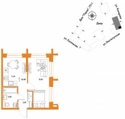 ЖК «Страна.Парковая», планировка 1-комнатной квартиры, 34.38 м²