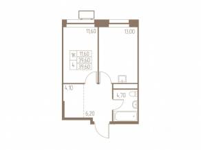 ЖК «Фабрикант», планировка 1-комнатной квартиры, 39.60 м²