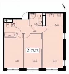 ЖК «Self», планировка 2-комнатной квартиры, 72.80 м²