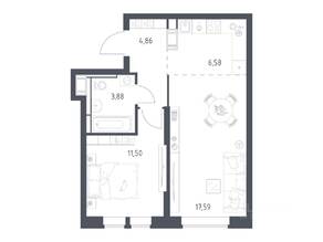 ЖК «Большое Путилково», планировка 1-комнатной квартиры, 44.41 м²