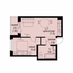 ЖК «ID Murino III», планировка 1-комнатной квартиры, 37.62 м²