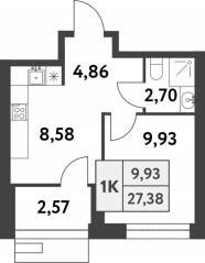 ЖК «Smart Garden», планировка 1-комнатной квартиры, 27.30 м²