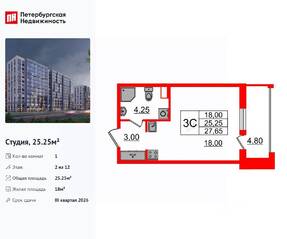 ЖК «Бионика Заповедная», планировка студии, 25.25 м²
