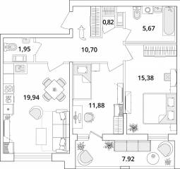 ЖК «Cube», планировка 2-комнатной квартиры, 70.60 м²