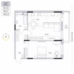 ЖК «Пироговская Ривьера», планировка 2-комнатной квартиры, 63.80 м²