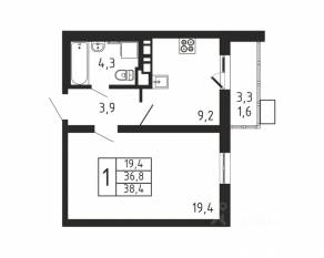 ЖК «Пироговская Ривьера», планировка 1-комнатной квартиры, 38.40 м²