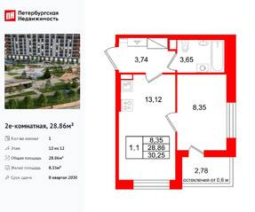 ЖК «Город звезд», планировка 1-комнатной квартиры, 28.86 м²