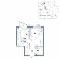 ЖК «Страна.Заречная», планировка 2-комнатной квартиры, 36.60 м²