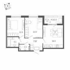 МЖК «Пулковский дом», планировка 2-комнатной квартиры, 57.50 м²