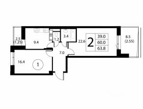 ЖК «Космос», планировка 2-комнатной квартиры, 63.80 м²