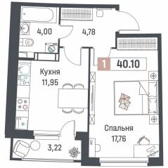 ЖК «Авиатор» (Девяткино), планировка 1-комнатной квартиры, 40.10 м²