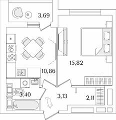 ЖК «Лайнеръ», планировка 1-комнатной квартиры, 37.17 м²