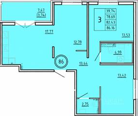 МЖК «Образцовый квартал 16», планировка 3-комнатной квартиры, 78.69 м²