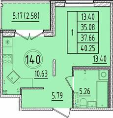 МЖК «Образцовый квартал 17», планировка 1-комнатной квартиры, 35.08 м²