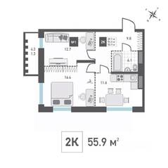 ЖК «Зеленоград Ривьера», планировка 2-комнатной квартиры, 55.90 м²