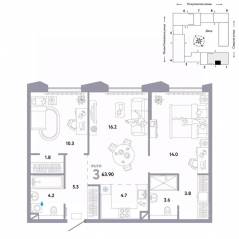 ЖК «Страна.Озерная», планировка 3-комнатной квартиры, 63.90 м²