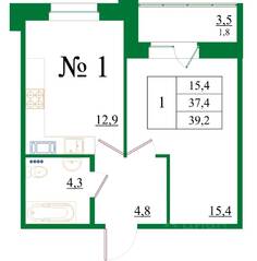 ЖК «Орловский бульвар», планировка 1-комнатной квартиры, 39.20 м²