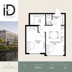 ЖК «ID Petrogradskaya», планировка 1-комнатной квартиры, 39.07 м²
