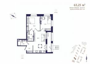 ЖК «Ranta Residence», планировка 2-комнатной квартиры, 63.25 м²