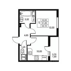 ЖК «Высота» (Бугры), планировка 1-комнатной квартиры, 33.10 м²