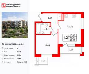 МЖК «Универ Сити», планировка 1-комнатной квартиры, 35.30 м²