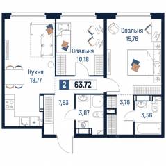 ЖК «Максималист», планировка 2-комнатной квартиры, 63.72 м²