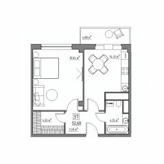 Апарт-комплекс «Residence 15», планировка 2-комнатной квартиры, 52.68 м²