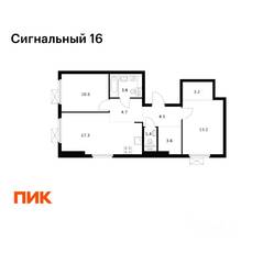 ЖК «Сигнальный 16», планировка 2-комнатной квартиры, 62.10 м²