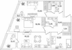 ЖК «Лайнеръ», планировка 3-комнатной квартиры, 88.79 м²