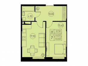 ЖК «31 квартал», планировка 2-комнатной квартиры, 46.60 м²
